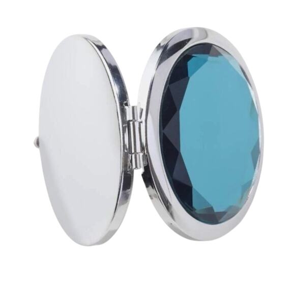 Teal Gem Topped Silver Compact Purse Mirror Travel Accessory New - Picture 4 of 4